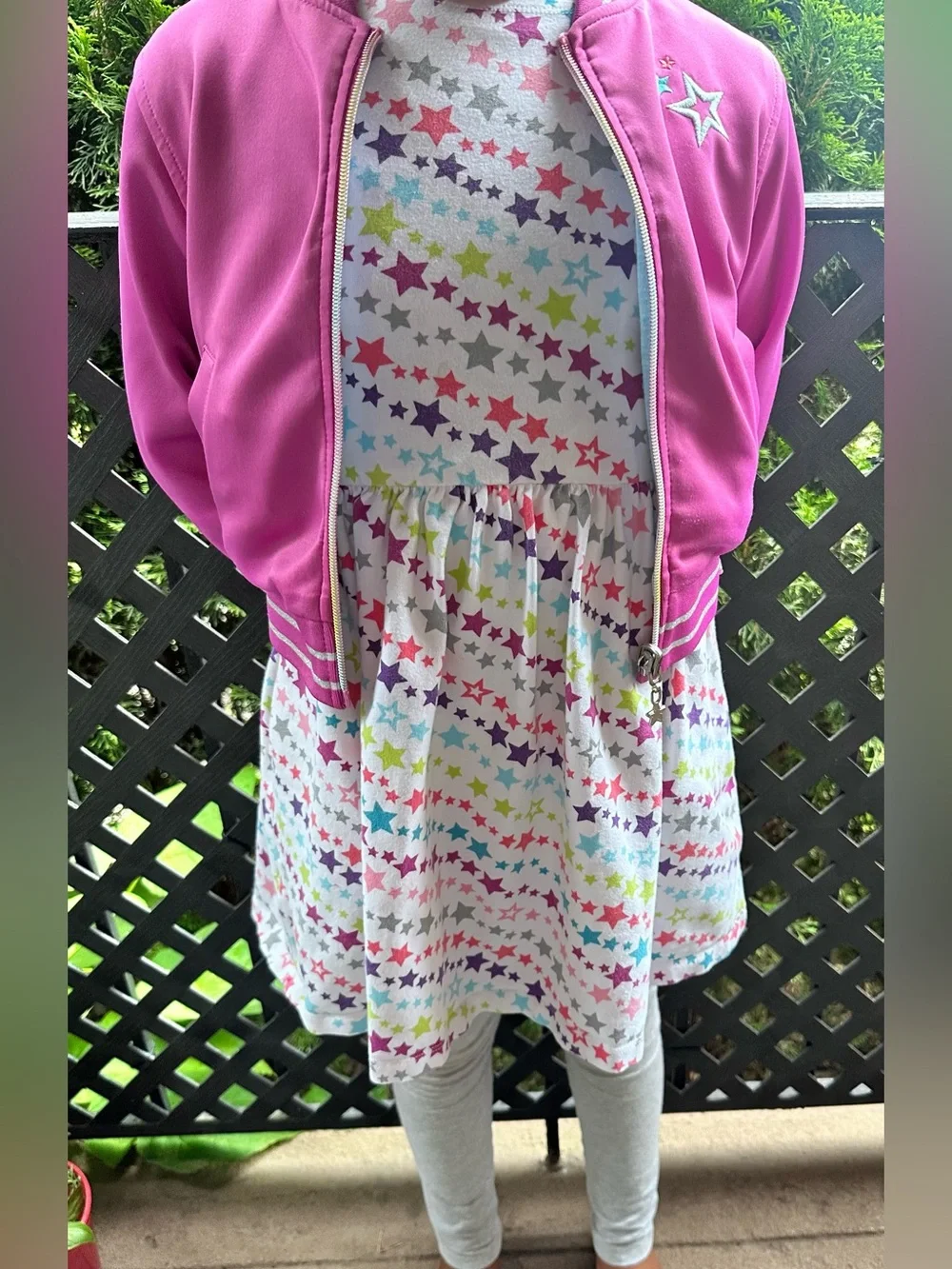 American Girl Star Print Dress AND Hot Pink Satin Bomber Jacket Size Small (7/8)